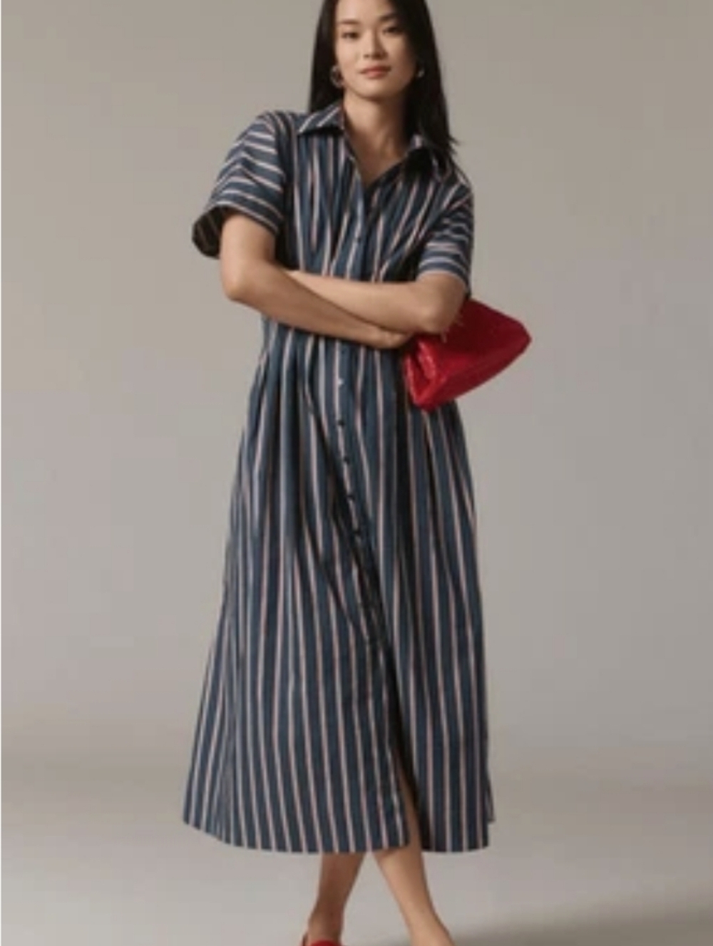 Striped Navy Maxi Shirt Dress with Button Front